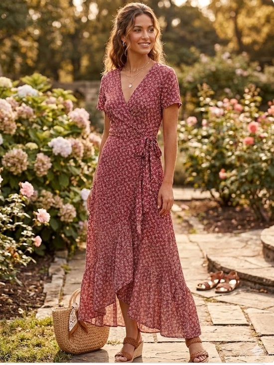 PrettyGarden Dresses & Skirts - Wrap-Style Maxi Dress in Dusty Rose Floral